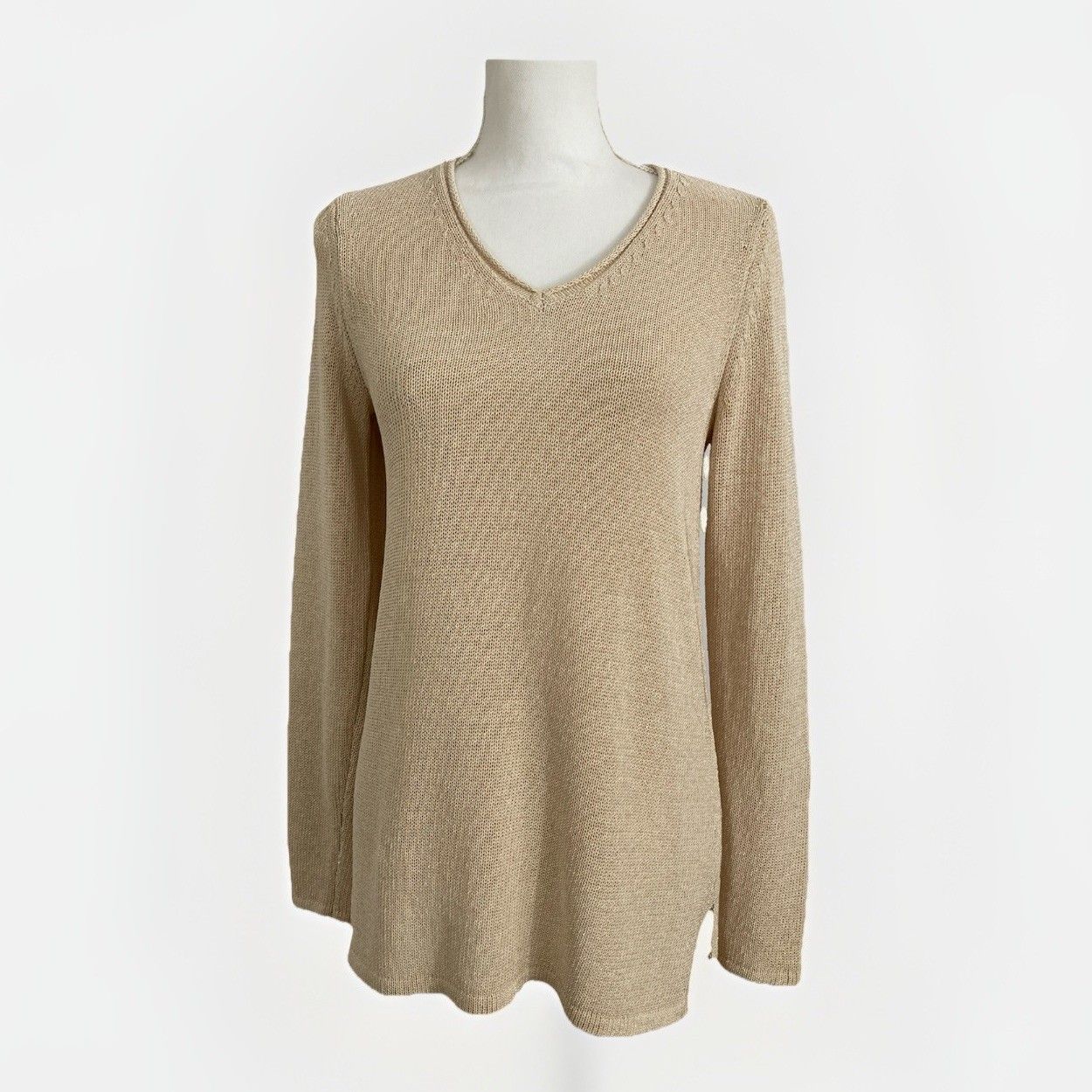 J.Mclaughlin Callum Sweater Womens S Beige V Neck Tunic Knit Preppy Luxury